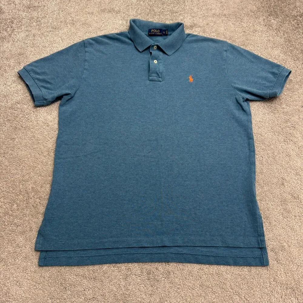 Polo Ralph Lauren Knit Polo Shirt Men Large Blue Short Sleeve Orange Pony Logo
